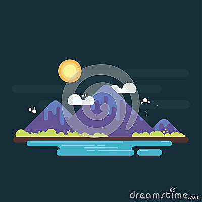 Mountain range with greens on horizon and lake on foreground. Vector Illustration