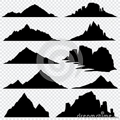 Mountain ranges black vector silhouettes set, overlook hiking landscape Vector Illustration