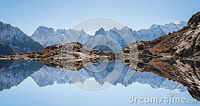 Mountain reflected in the water in the Alps in Chamonix Stock Photo