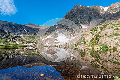 Mountain reflections off of Lake Dunraven Stock Photo