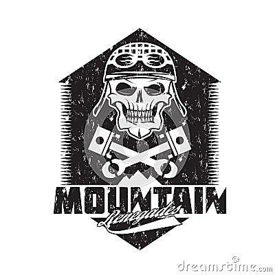 mountain renegades vintage grunge print with skull, pistons mountains Vector Illustration