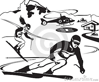 Mountain rescue service ensures skiers on slope Vector Illustration