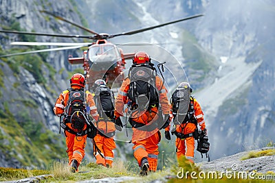Mountain Rescue Team Conducts Operation With Helicopter Assistance Stock Photo