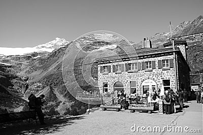 Mountain restaurant on Alp GrÃ¼m near Bernina Hospitz in the Swiss Alps Editorial Stock Photo