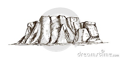 Mountain ridge or natural landmark hand drawn in vintage engraving style. Beautiful retro drawing of rock cliff, plateau Vector Illustration