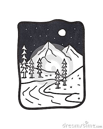 mountain and river camping nature adventure in the night wild line badge patch pin graphic illustration vector art t-shirt design Vector Illustration