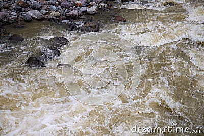 Mountain river with fast water current. River water photo texture. Green river in tropics wallpaper. Stock Photo