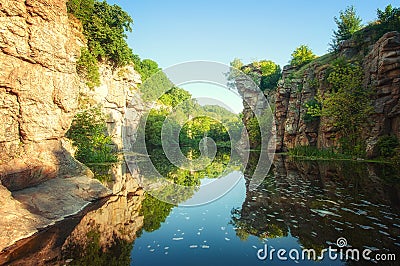 Mountain river Gornij Tikich with cliffs and trees Stock Photo