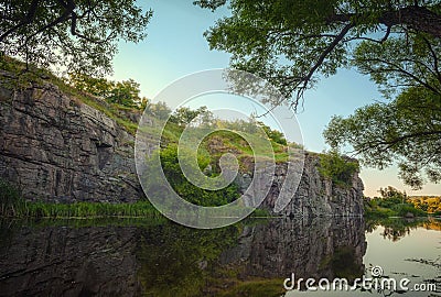 Mountain river Gornij Tikich with cliffs and trees Stock Photo