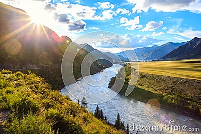 Mountain river Katun on sunset Stock Photo