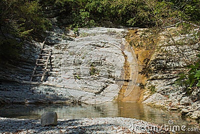 Mountain river and natural waterfalls. Waterfalls on the river Pshada, Gelendzhik, Russia Stock Photo