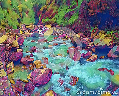 Mountain river in stone riverbed. Digital illustration of wild forest with cold water current. Cartoon Illustration