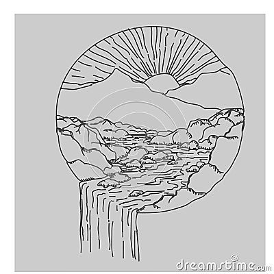 Mountain river and sun line art background Vector Illustration