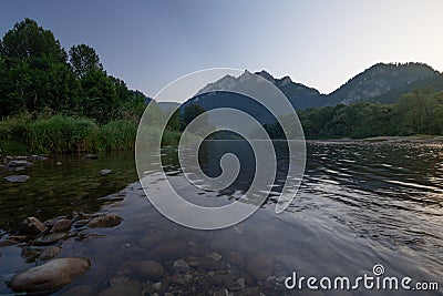 Mountain and river sunrise landscape. Pieniny, Three Crowns Peak on the Dunajec River Stock Photo