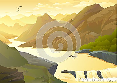 Mountain river turning into a waterfall Vector Illustration