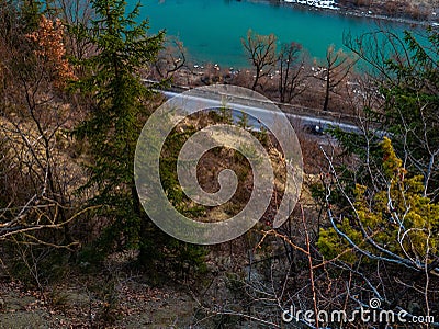 Mountain river valley landscape. View from the cliff to the mountains and the river Stock Photo