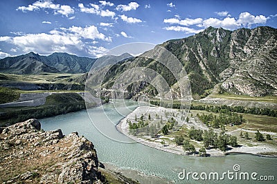 Mountain river valley panorama landscape. Blue sky and clouds Stock Photo