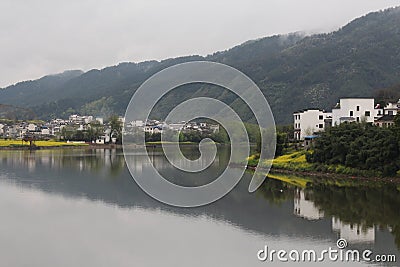 Mountain, river and village in east China Stock Photo