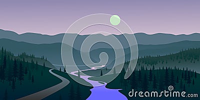 Mountain road. Evening landscape with mountains, river, moon and driveway. Vector illustration. Vector Illustration