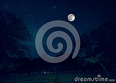 Mountain Road through the forest on a full moon night. Scenic night landscape of dark blue sky with moon. Azerbaijan. Long shutter Stock Photo