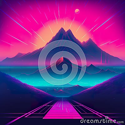 A mountain with a road going through it. Generative AI image. Stock Photo