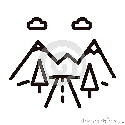 Mountain road icon. Vector thin line illustration with mountains, trees and road. Highway or car road going to the mountains. Vector Illustration