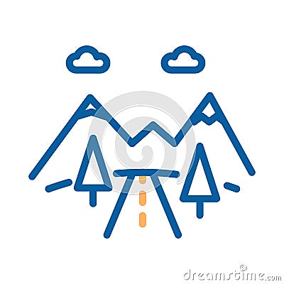 Mountain road icon. Vector thin line illustration with mountains, trees and road. Highway or car road going to the mountains. Vector Illustration