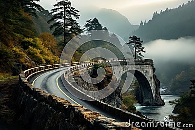 mountain road winds through a breathtaking landscape, offering a scenic journey into the heart of nature's beauty. Stock Photo