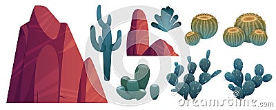 Mountain rocks and cacti stones with desert plants Vector Illustration