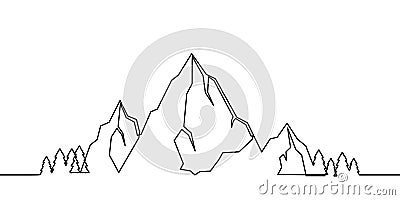 Mountains landscape one line drawing. One continuous line mountain and coniferous trees, hand-drawn illustration. Vector Illustration