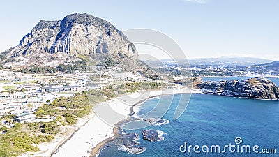 Mountain Sanbangsan and sea in Jeju island, aerial view. Stock Photo