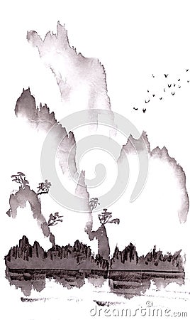 mountain scenery chinese style ink painting on rice paper Cartoon Illustration