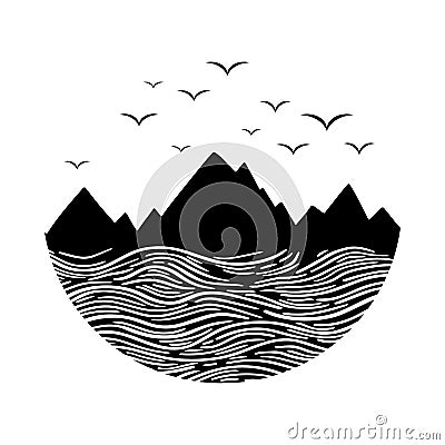 Mountain and sea black on white. Wanderlust adventure travel circle icon with birds. Vector illustration. Vector Illustration