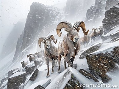 Mountain Sheep Herd Rams Bighorn Winter Wilderness Wildlife Snowy Rocky Mountains Canada AI Generated Stock Photo