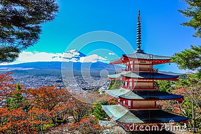 Mountain side of Fuji-san view at Pagoda Chureito Editorial Stock Photo