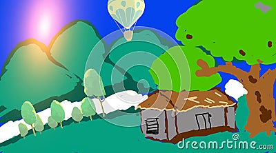 Mountain Side Green Landscapes, With Hut,Small River, Tree, Sun And Balloon Stock Photo