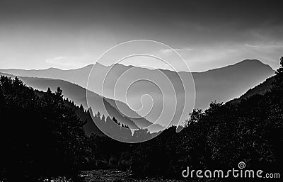 Mountain silhouettes in black and white Stock Photo