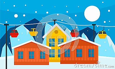 Mountain ski resort banner, flat style Vector Illustration