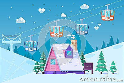 Mountain ski resort in winter.Snow and fun.Vector illustration in flat style Vector Illustration