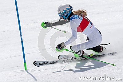 Mountain skier skiing down mountain slope. Russian Alpine Skiing Cup, slalom Editorial Stock Photo