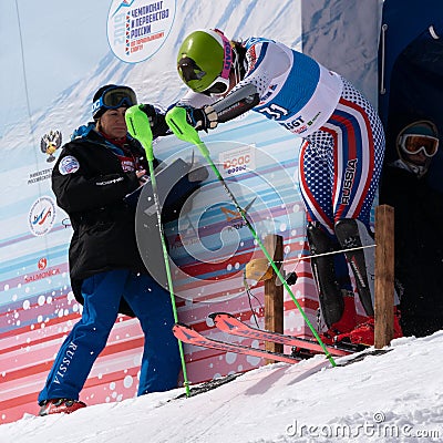 Mountain skier on start line. Russian Alpine Skiing Championship, slalom Editorial Stock Photo