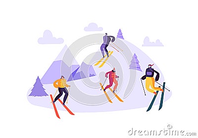 Mountain Skiing Characters in Goggles and Ski Suit. Winter Sports on Snow Landscape. Flat People Skiers Outdoor Vector Illustration