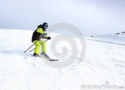 Mountain skiing, child boy skiing down the mountain Editorial Stock Photo