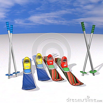 Mountain skiing with fastenings, boots and sticks Stock Photo