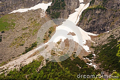 A mountain slope covered with eternal snow. Springtime view of greenery in a mountain lake on the Morskie Oko Stock Photo