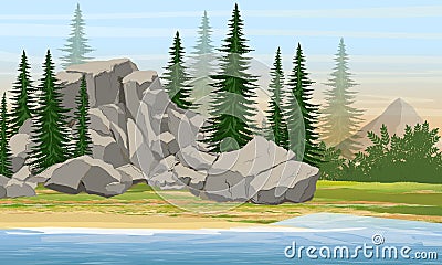 Mountain and spruce forest on the shore of a large lake or river Vector Illustration