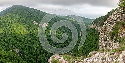 Mountain with a steep rocky slope and valley with thick green forest below Stock Photo