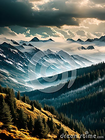 Mountain storm in cinematic coniferous flatlands. Stock Photo