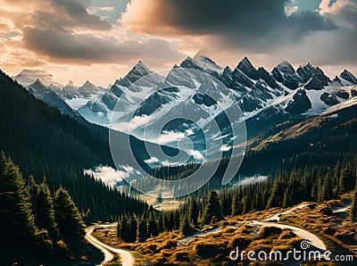 Mountain storm in cinematic coniferous flatlands. Stock Photo