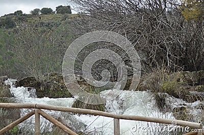 Mountain stream, flood. Flooded path. Closed trail. Ruidera National Park. Astute stream Stock Photo